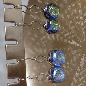 Round Dichroic Glass Sterling Wrapped Earrings